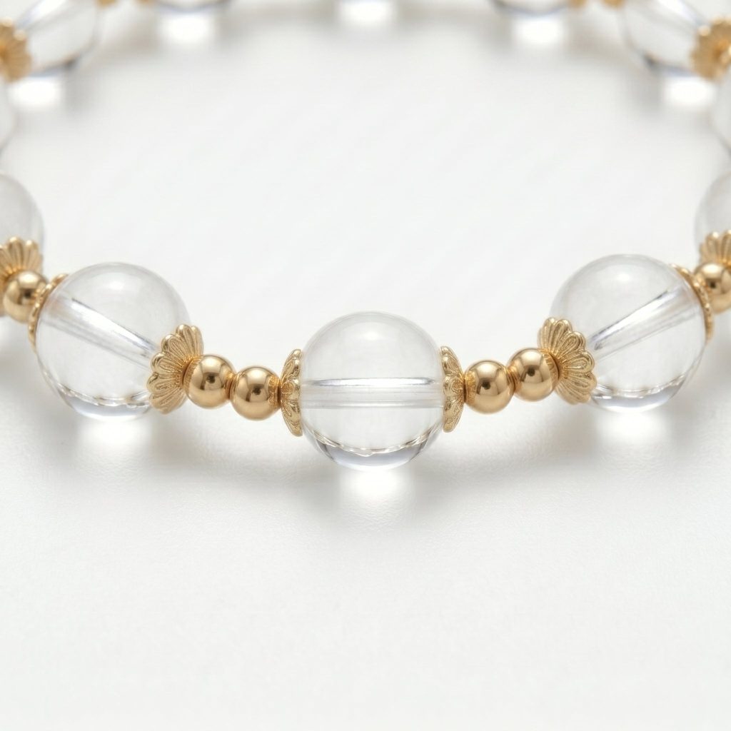 Clear quartz rounds close-up · natural ice fractures and bubble inclusions