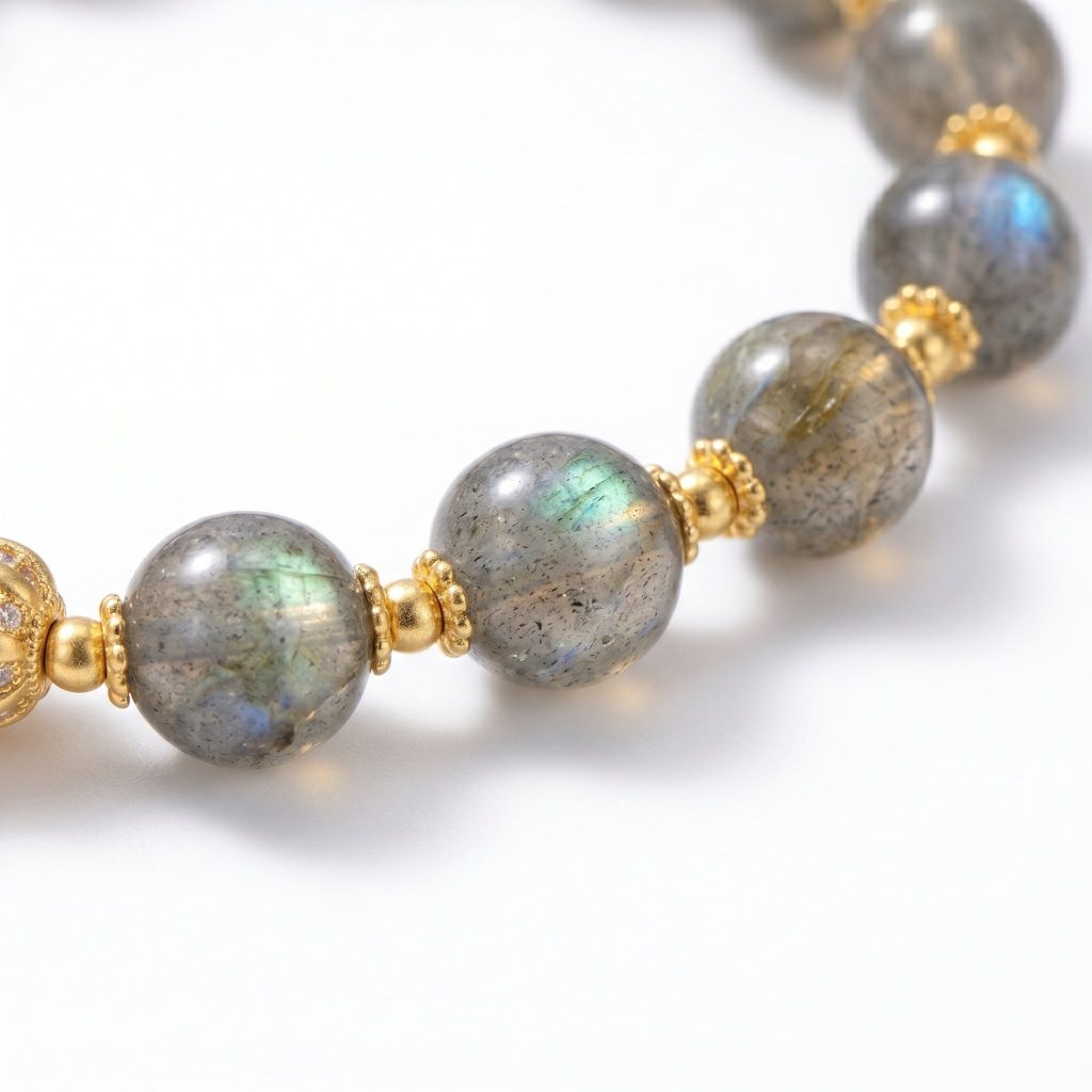 Grey moonstone rounds close-up · grey base with cool moon-glow detail