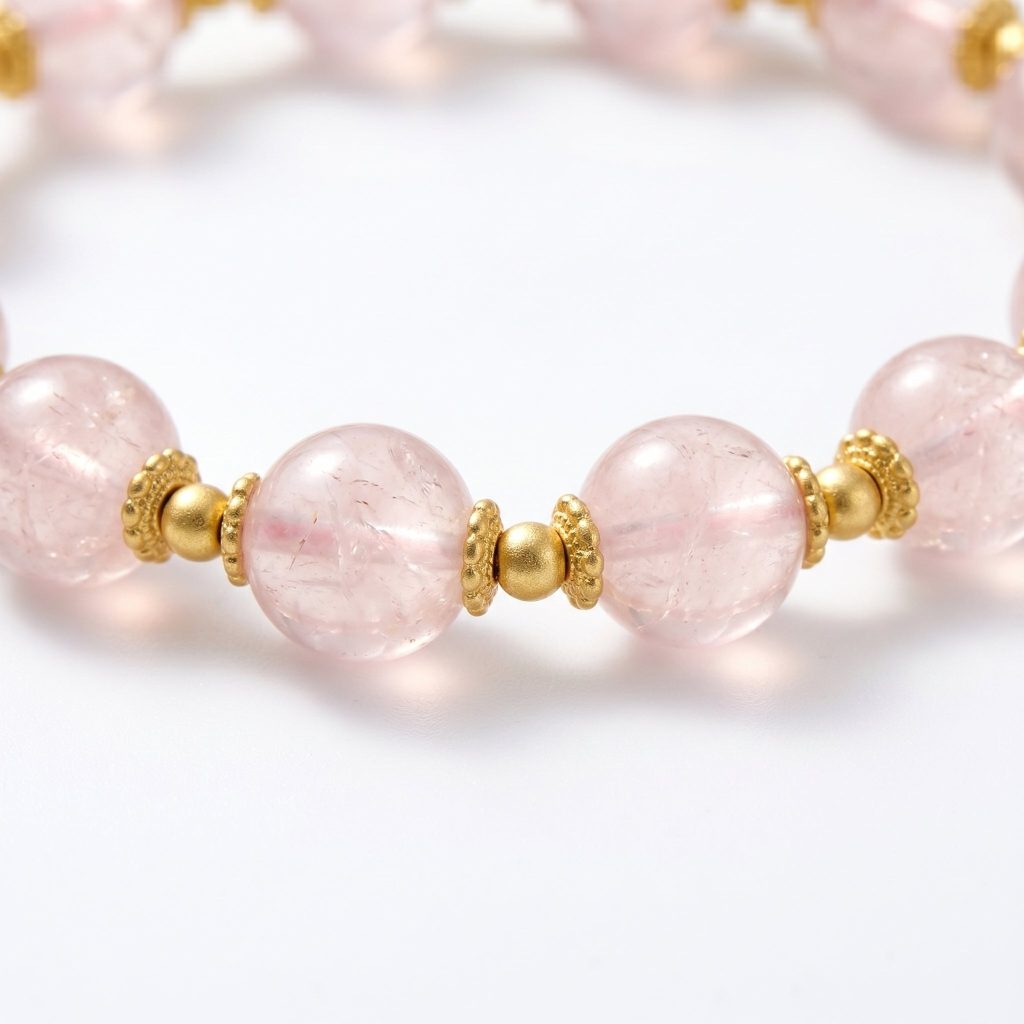 Rose quartz rounds close-up · soft pink with cloud-like natural inclusions