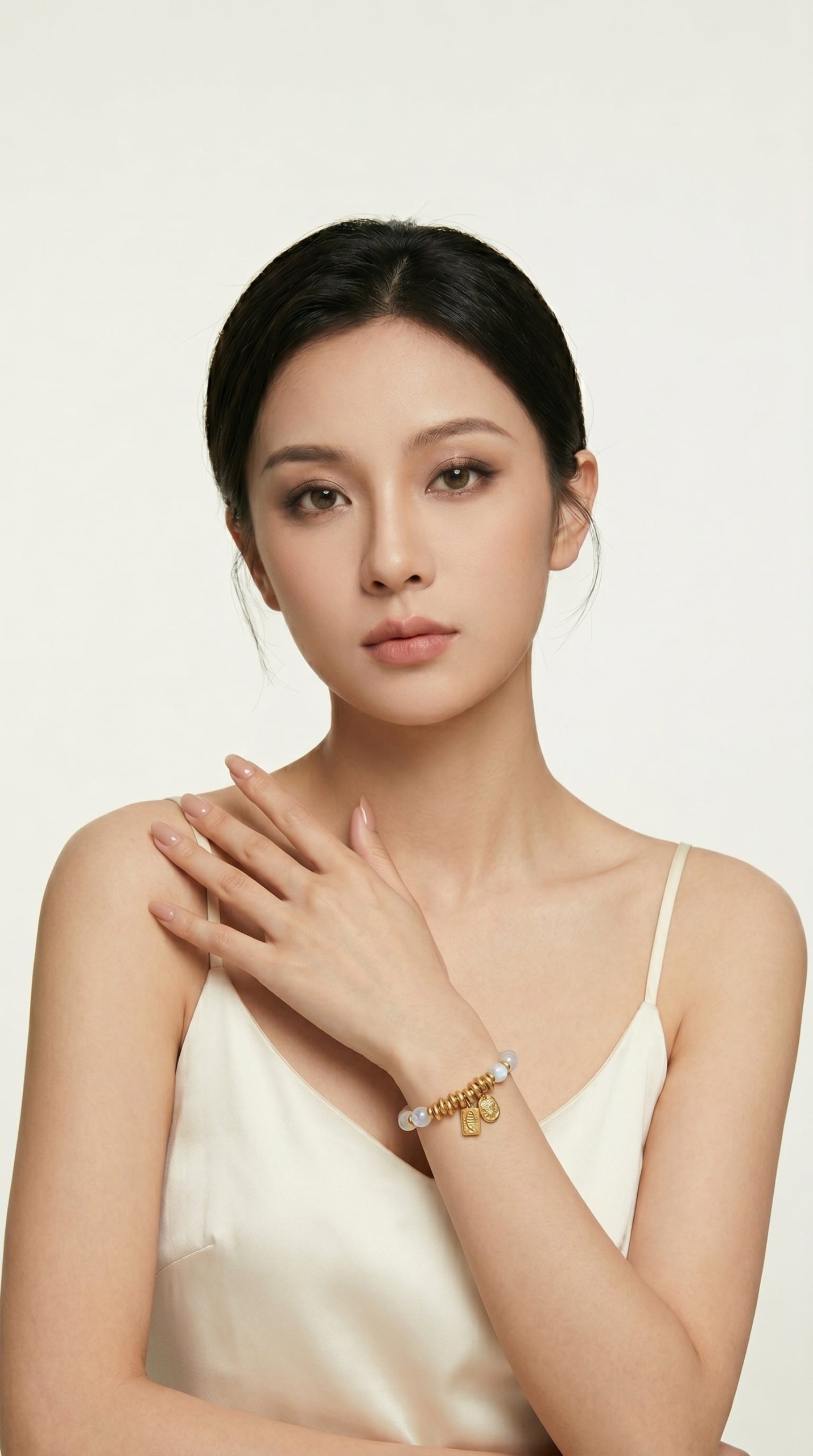 Blue moonstone bracelet on wrist · women's hand-shot, Origin series
